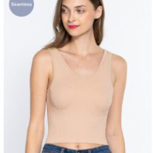 New Boutique Cream Reversible V-Neck/Scoop Neck Seamless Rib Tank